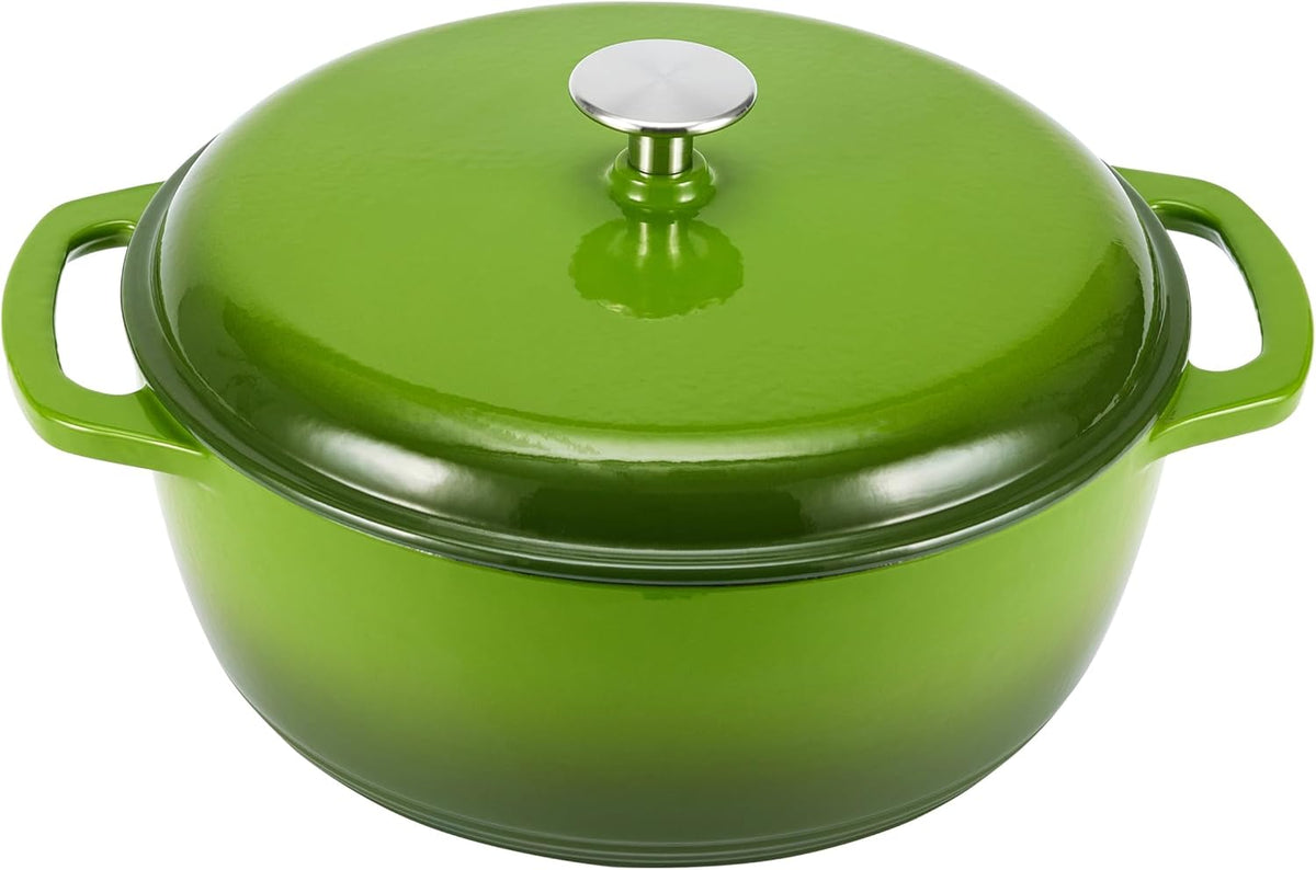 Amazon Basics Cast Iron Dutch Oven Pot with Lid, Enameled, Round, Dual Handles, Heavy-Duty, Large, 7.3-Quart, Green