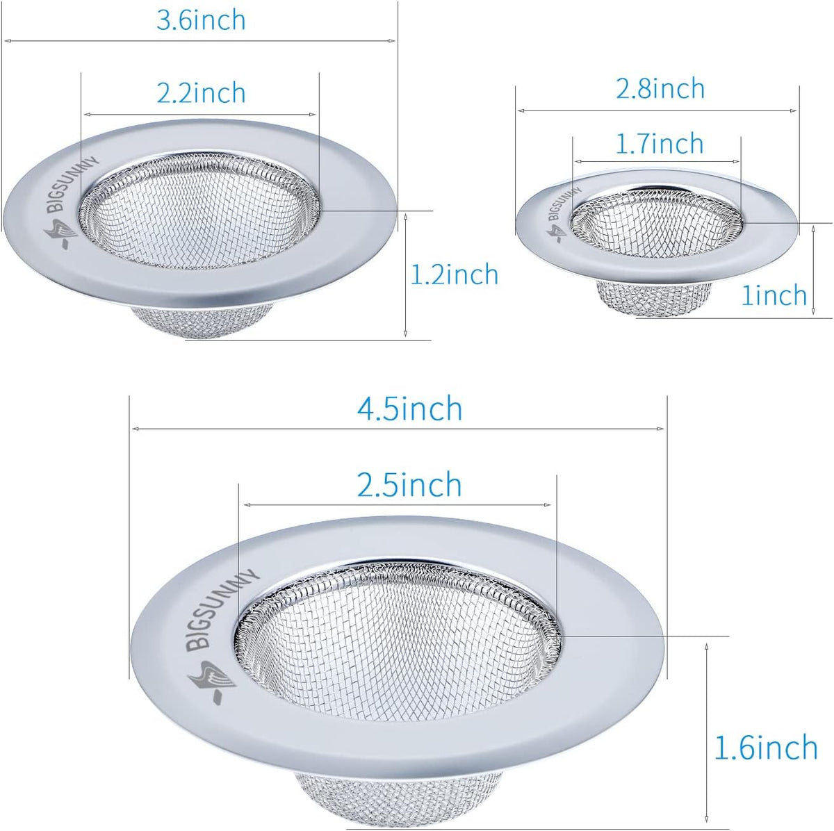 Mesh Sink Strainer Set of 3, MSY BIGSUNNY Stainless Steel Kitchen Sink Strainer Kitchen Drain Strainer with Large Wide Rim(4.5"+3.6"+2.8" Diameter) for Kitchen Sinks