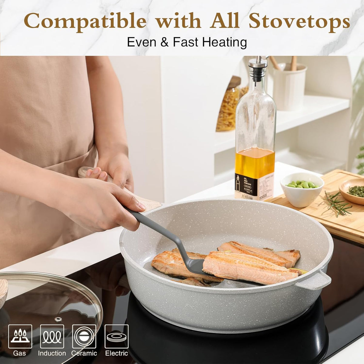 Nonstick Ceramic Deep Frying Pan, 12 Inch Non Toxic Large Skillet with Lid, 5 Qt Healthy Jumbo Cooker, Saute Pan for Cooking, Induction Cookware, PFOA & PFAS Free