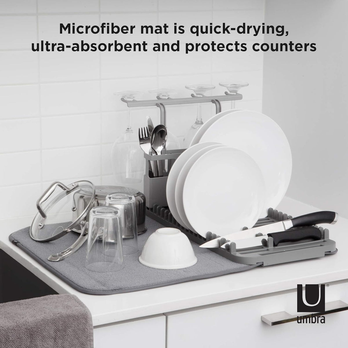 Umbra Udry Dish Rack and Microfiber Drying Mat – Space-Saving Design Folds Up for Easy Storage, Rack with Caddy, Gray