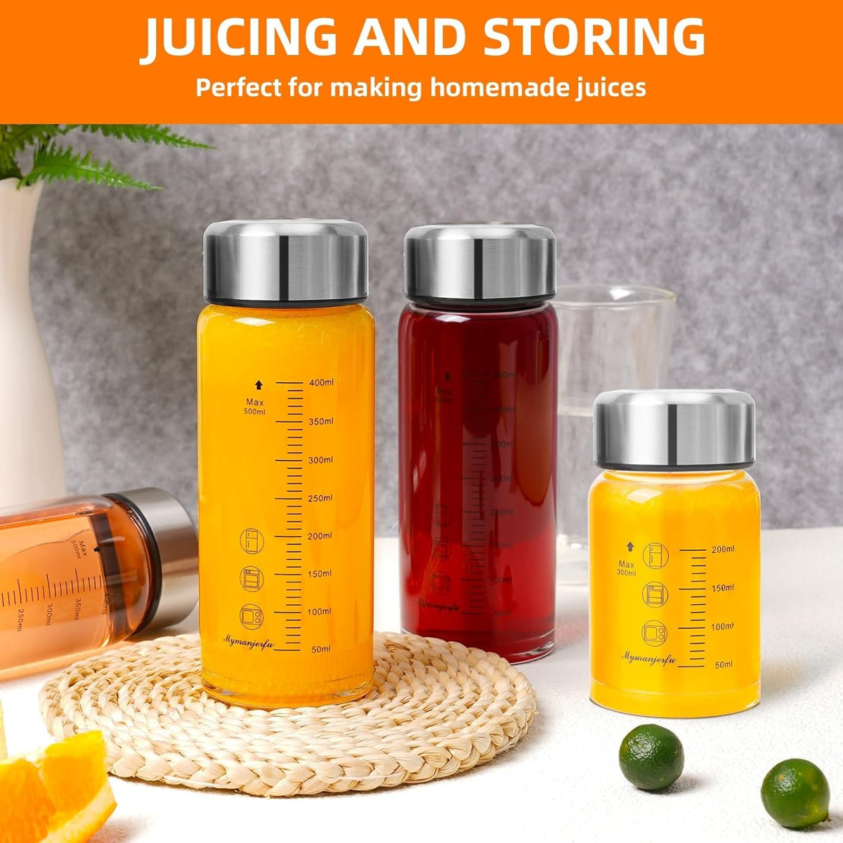 Glass Juice Bottles 6 Pack 12 oz - Wide Mouth Glass Water Bottles with Lids - for Juicing, Smoothies, Milk, Protein, BPA Free, Reusable, Stainless Steel Lids, Leak Proof, Shaker bottle (12oz/400ml)
