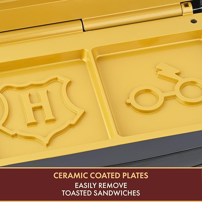 Warner Brothers Harry Potter Dual Sandwich Maker by Select Brands - Ceramic Coated Cooking Plates - Imprints Hogwarts Crest and Harry Potter Glasses on Toasted Sandwiches, Black and Gold, WBH-100SM