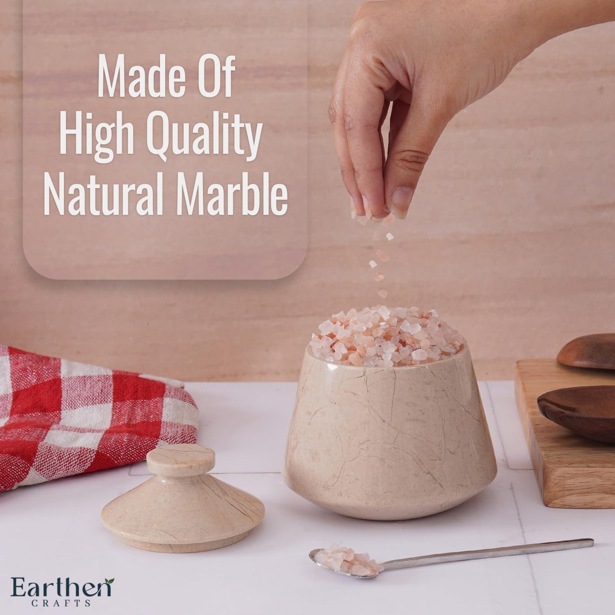 Marble Salt Cellar 4" Inches Salt Jar, Verona Natural Stone Spice and Flaky Salt Holder with Lid For Kitchen Storage, Decorative Brown Sugar Keeper