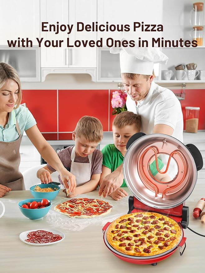Electric Pizza Oven Indoor with Glazed Ceramic Stone, 12-Inch Portable Countertop Pizza Maker with Adjustable Timer, 1200W Heat up to 800°F Pizza Maker with Viewing Window for Home DIY Pizza