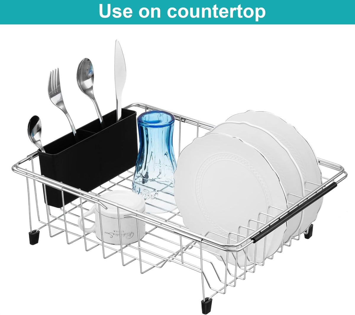 iPEGTOP Expandable Multifunctional Dish Drying Rack, Over The Sink, in Sink Or On Counter Dish Drainer Basket Shelf with Black Utensil Silverware Holder, Rustproof Stainless Organizer