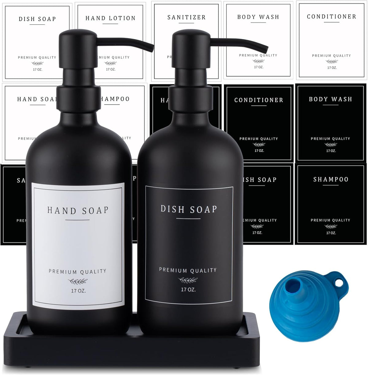 Black Thick Glass Soap Dispenser - Farmhouse Kitchen Dish &Hand Soap Dispenser Set, 304 Rustproof Pump Lotion Dispenser Bathroom with Tray, 14 Waterproof Stickers for Kitchen Decor Sink