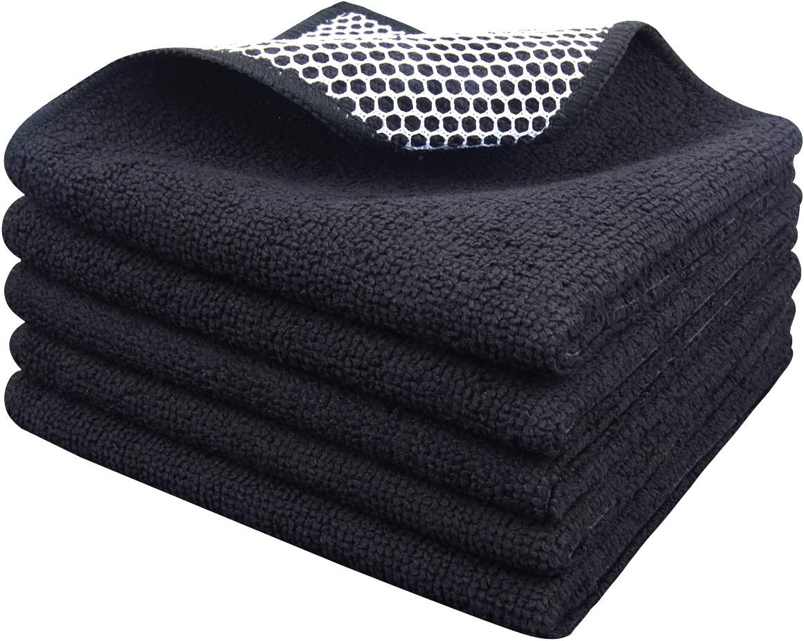 SINLAND Microfiber Dish Cloth for Washing DishesBest Kitchen Washcloth Cleaning Cloths with Poly Scour Side 12Inchx12Inch 5Pack, Black