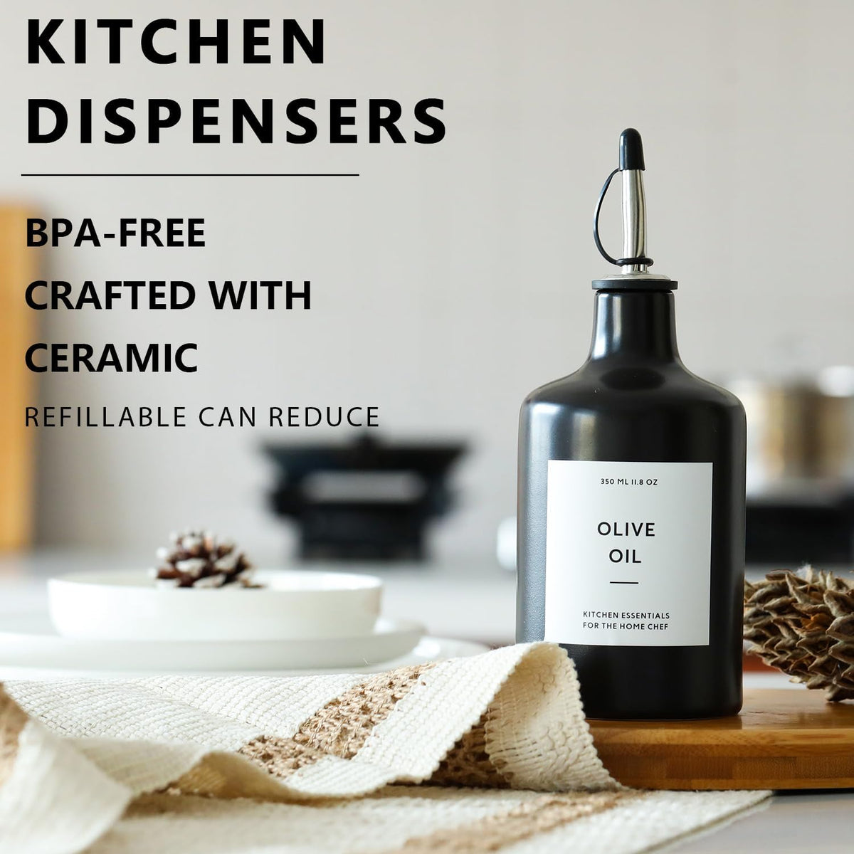 HOMCDALY Ceramic Olive Oil Dispenser Bottle, 16oz Oil Dispenser Bottle for Kitchen, Oil Container, Kitchen Oil Dispenser（Black）