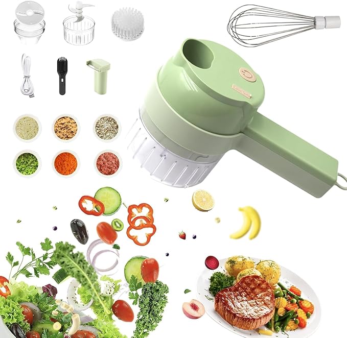 Multi-Functional Portable Wireless Vegetable Chopper - 4-in-1 Electric Food Processor for Chopping, Slicing, Grating & Whipping, with Cleaning Brush and Charging Cable