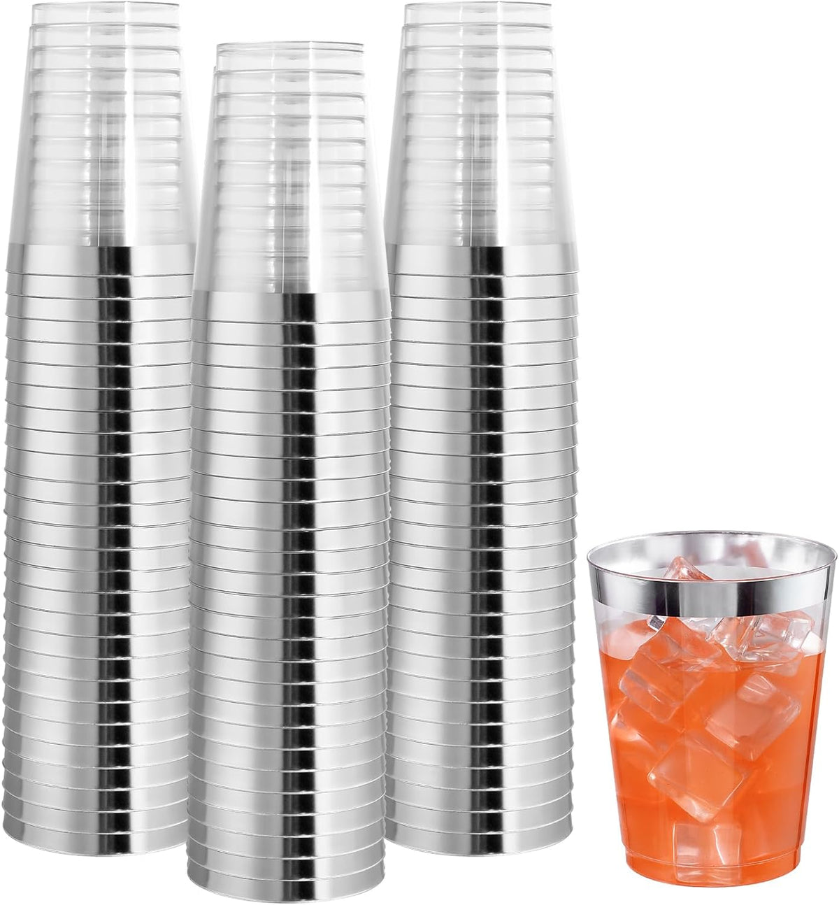 I00000 100PCs Silver Plastic Cups, 10 oz Clear with Silver Trim, Heavy-Duty Disposable Hard Plastic Cups for Party & Wedding