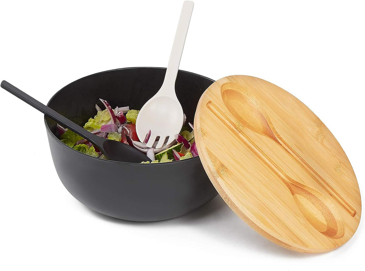 10" Large Salad Serving Bowl with Utensils in Lid, Bamboo Fiber Salad Bowl with Lid, Mixing Bowl with Servers set for Pasta,Fruit,Veggies,Popcorn to Replace Wooden Bowls - Matte Black