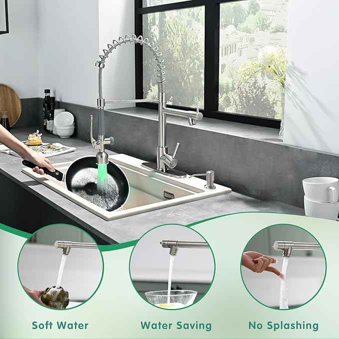 Fapully Commercial Kitchen Faucets with Pull Down Sprayer Brushed Nickel LED Single Handle Faucet for Kitchen Sink, Kitchen Faucet with Soap Dispenser and Deck Plack for 4 Hole