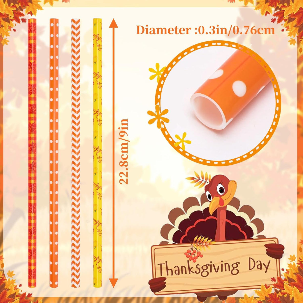 JANYUN 30 Pieces Fall Straws, 9inch Hard Platic Reusable Thanksgiving Drinking Straws Autumn Maple Leaf Pumpkin Straw for Family Party Favors Supplies Cleaning Brush (Orange & Yellow)