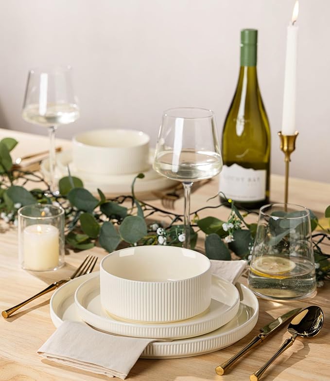 TheTerra Ceramic Dinnerware Sets for 8, 24 Pieces Porcelain Lightweight Plates and Bowls Sets, Scratch Resistant Dish Set, Oven & Microwave & Dishwasher Safe, Beige