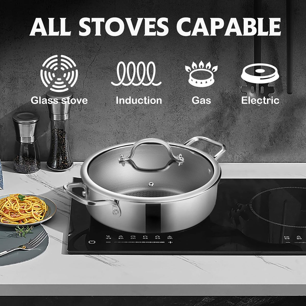 Saute Pan,Hybrid Non Stick 5 Quart Everyday pan,Chicken Fryer, PFOA Free Cookware,12 inch Deep Frying Pans with Lid,Dishwasher and Oven Safe,Works on Induction,Ceramic and Gas Cooktops