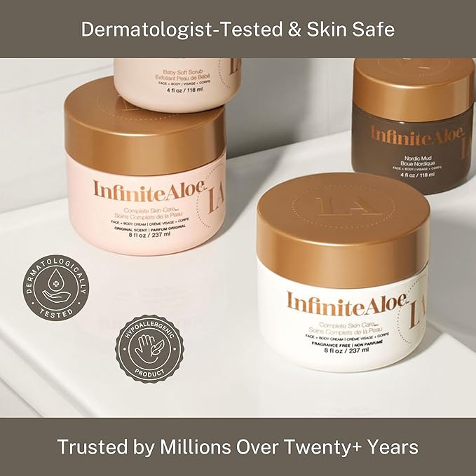 InfiniteAloe Complete Skin Care, Aloe Vera Powered Face and Body Cream for All Skin Types, Dry Skin Everyday Hero, Original Scent - Large Jar 8 oz & 2 Travel Jar 0.5 oz