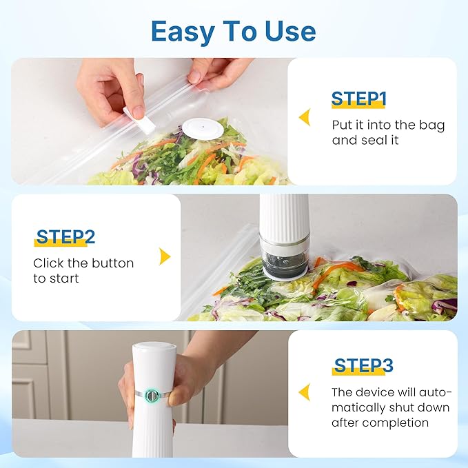 Vacuum Sealer for Food with 30 Reusable Vacuum Bags, Automatic Pressure Detection, Handheld Vacuum Sealer, Portable & Compact, White