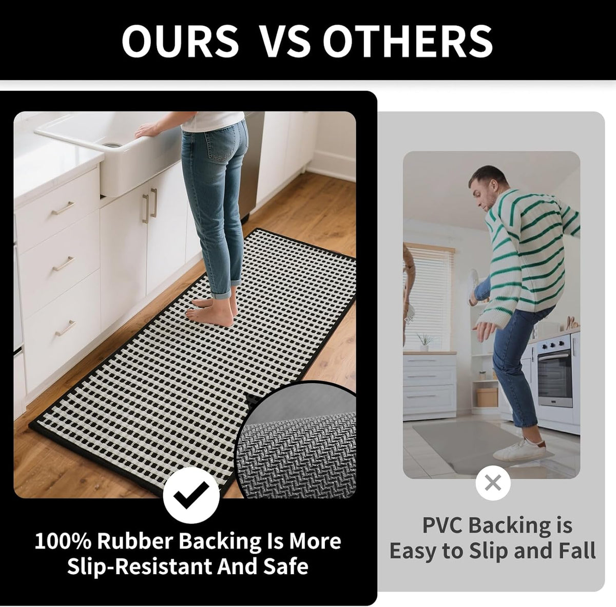 Large Kitchen Runner Rugs Long Kitchen Mat Non Slip Washable, Super Absorbent Soft Chenille Braided Kitchen Mats for Floor, Rubber Backing Kitchen Sink Standing Mat, Easy Clean, Black 36"x71"