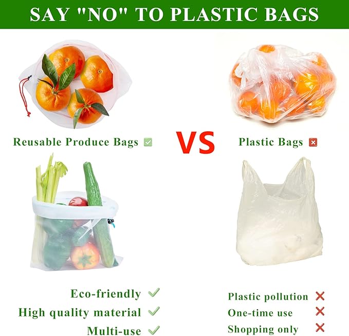 Set of 12 Reusable Mesh Produce Bags - Medium (12"x14") - Green - Polyester - Washable - Drawstring Closure
