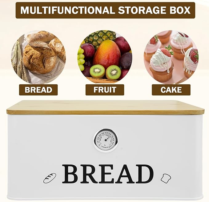 White Bread Box for Kitchen Countertop with Bamboo lid, Hygrometer Kitchen Organizer for Sourdough, Buns, and Loaves, Bread Storage Container