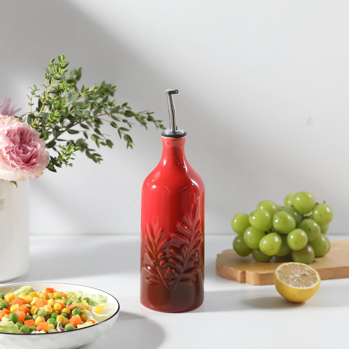 Sweejar Ceramic Olive Oil Dispenser Bottle, 20 Oz Relief Opaque Oil Cruet Protects To Reduce Oxidation, Suitable for Storage Vinegar, Soy Sauce, Coffee Syrup, Liquids, Set of 1 (Gradient Red)