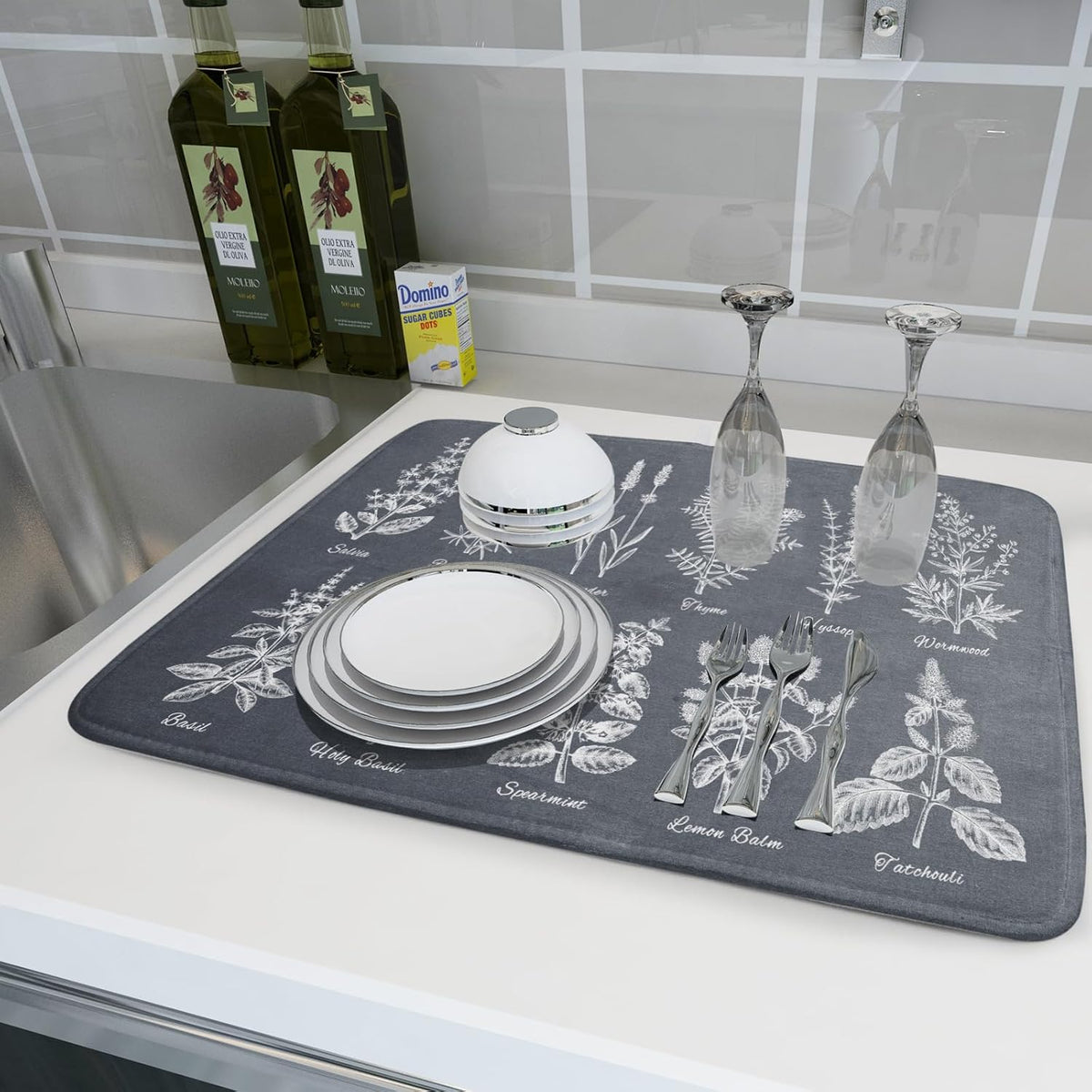 Flower Herbs Dish Drying Mat Wild Plant Dish Rack Mat with Hanging Loop Fast Dry Dish Drainer Pad for Kitchen Counter Sink 18x24 Inch