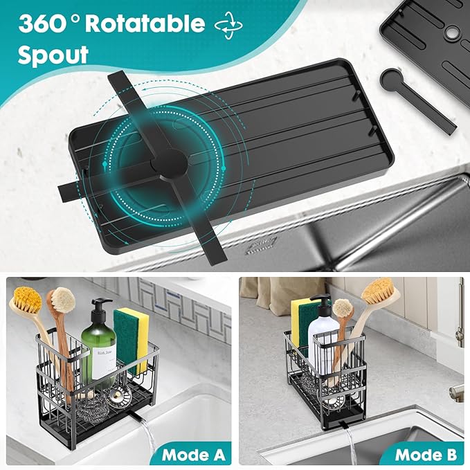 Sinnsally Kitchen Sponge Holder,2 Tier Sink Caddy Organizer with High Brush Holder,Stainless Steel Sink Box Dish Scrubber Holder,Soap Tray for Kitchen Counter Accessories & Storage Rack (Black)