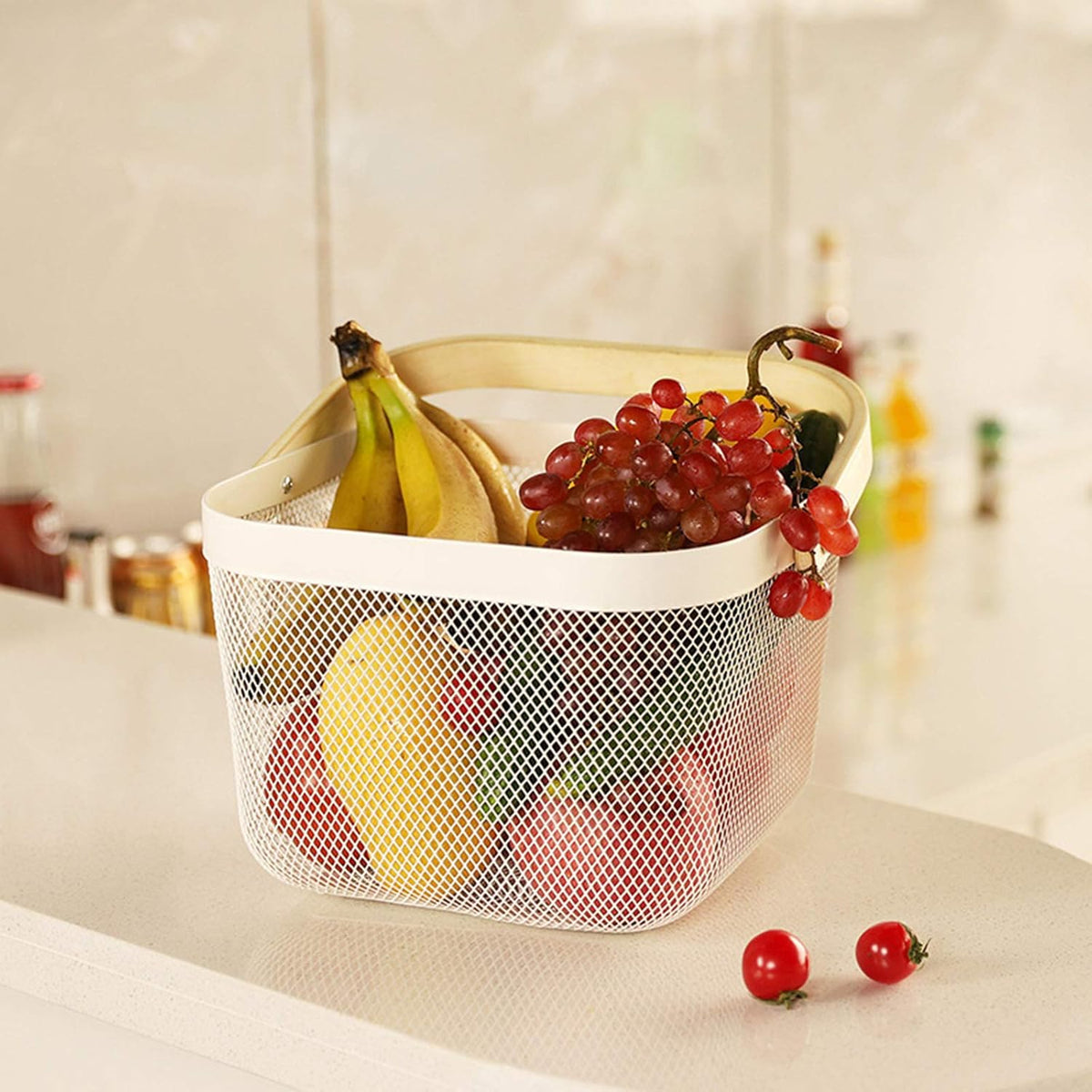 Metal Mesh Steel Basket, Storage Organizer Basket Multi-functional Hanging Kitchen Baskets Fruit Basket Bin with Bamboo Handle for Kitchen Bathroom Picnic Shopping Decor Cabinet Home, White