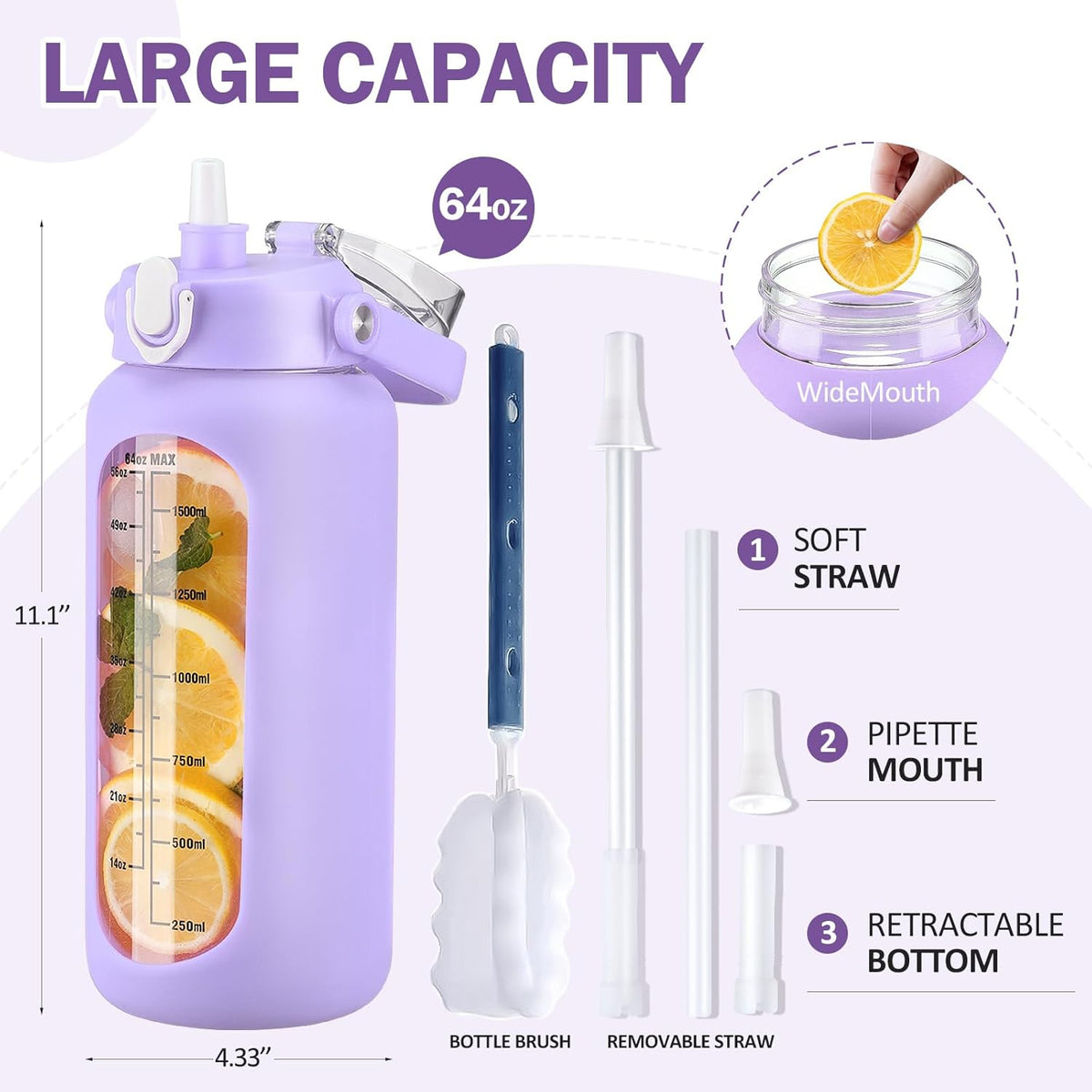 kytffu 64oz Glass Water Bottles with Straw, Half Gallon Motivational Glass Bottle with Silicone Sleeve and Time Marker, 2L Leakproof Large Glass Water Jug for Gym Home Office, Purple