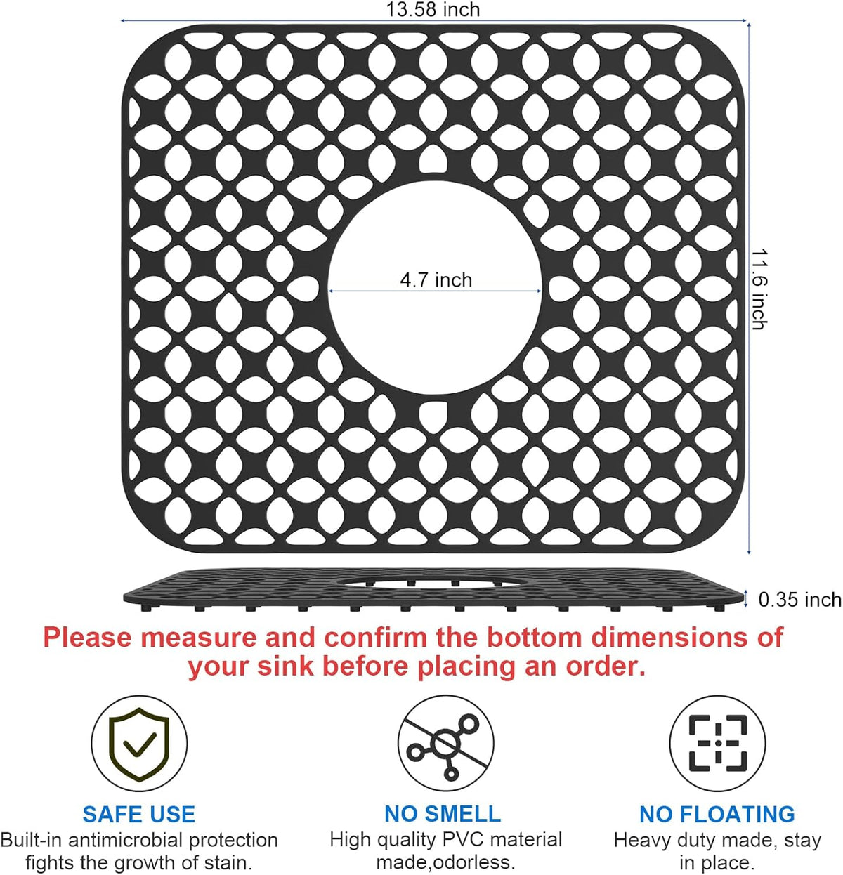 TOOVEM Kitchen Sink Mats, 2PCS Non-Slip Heat Resistant Silicone Sink Protector Mat, Folding Farmhouse Rear Drain Sink Mats (Type2: Center Drain, Black)