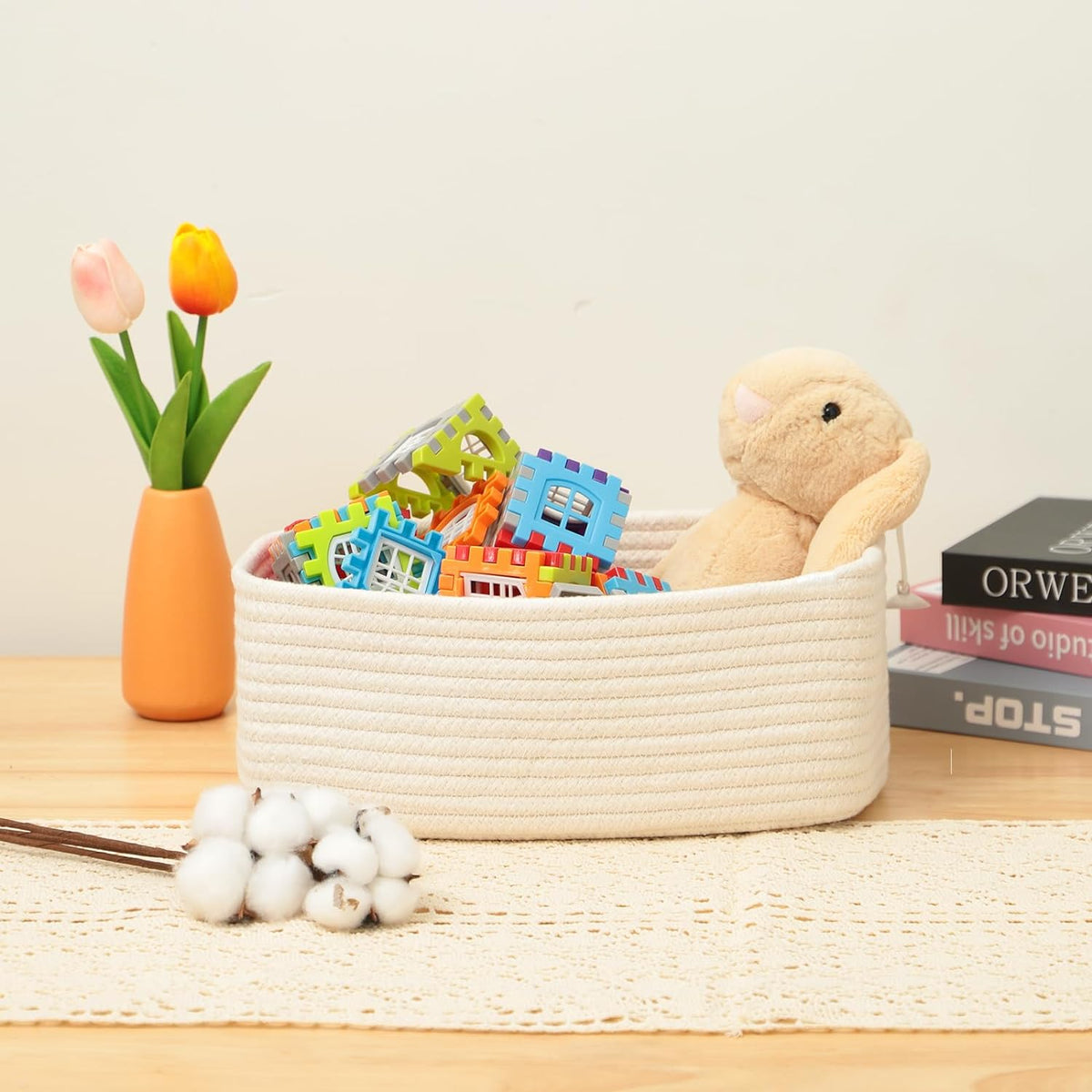 Small Storage Baskets for Organizing | Closet Organizer Bins | Shelf Toy Basket | Woven Rope Baskets | Cube Decorative Box | Shallow Basket | 11.5x7.5x4.7” | 4 Packs Off White