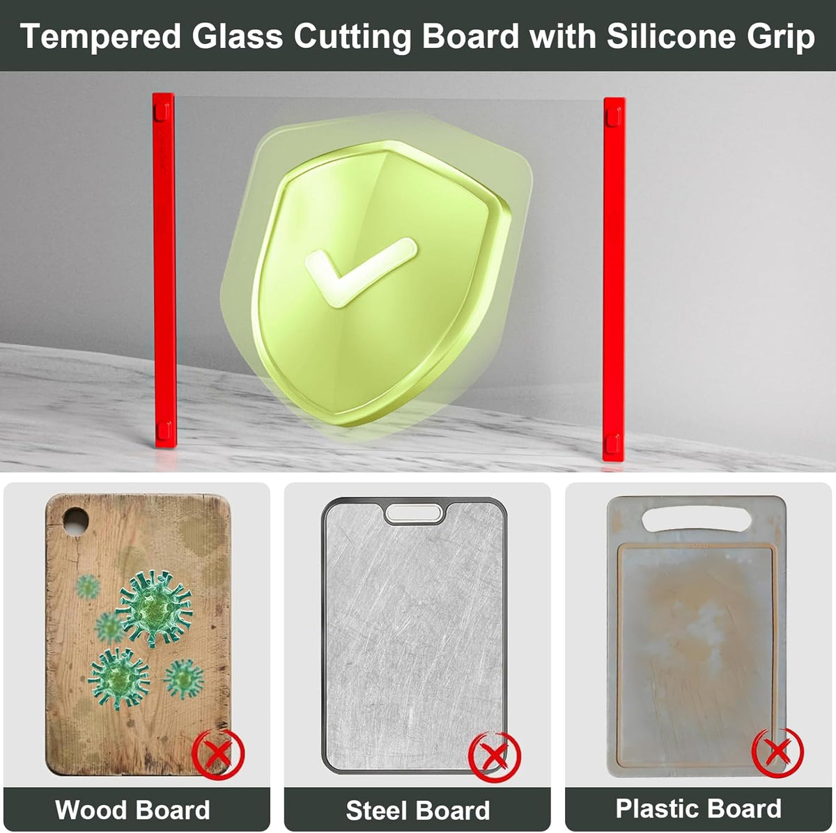 Glass Cutting Board with Silicone Grip, 80% Stronger Shatter Resistance and Slip Resistance,No Scratches/Microplastic-Free,Dishwasher Safe, Non Toxic Cutting Board for Kitchen (Red-12 * 8"&16 * 12")