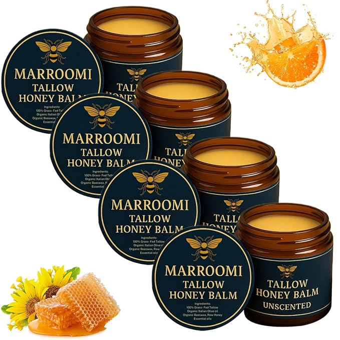 Marroomi Tallow Honey Balm, Advanced Beef Tallow for Skin, Marroomi Organic Grass-Fed Beef Tallow Balm With Raw Honey, Natural Soothing Moisturizing Anti-Aging, Suitable for All Skin Types (4 Bottle)