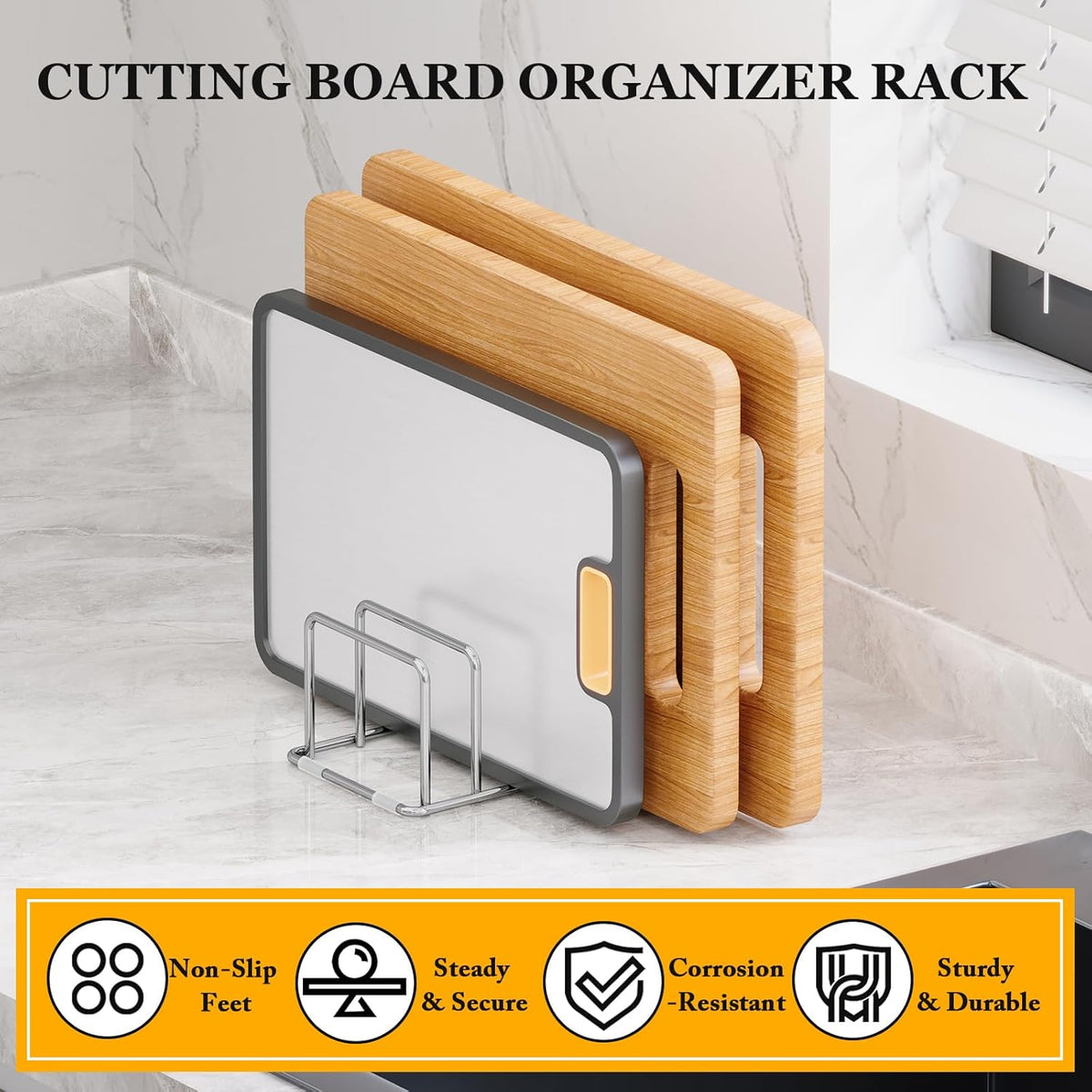 Cutting Board Organizer Stand Holder - 304 Stainless Steel Chopping Board Rack, Pot Pan Lid Holder, Kitchen Shelf for Bakeware, Cookie Sheets, 4-Slot 1.02-Inch Width Design