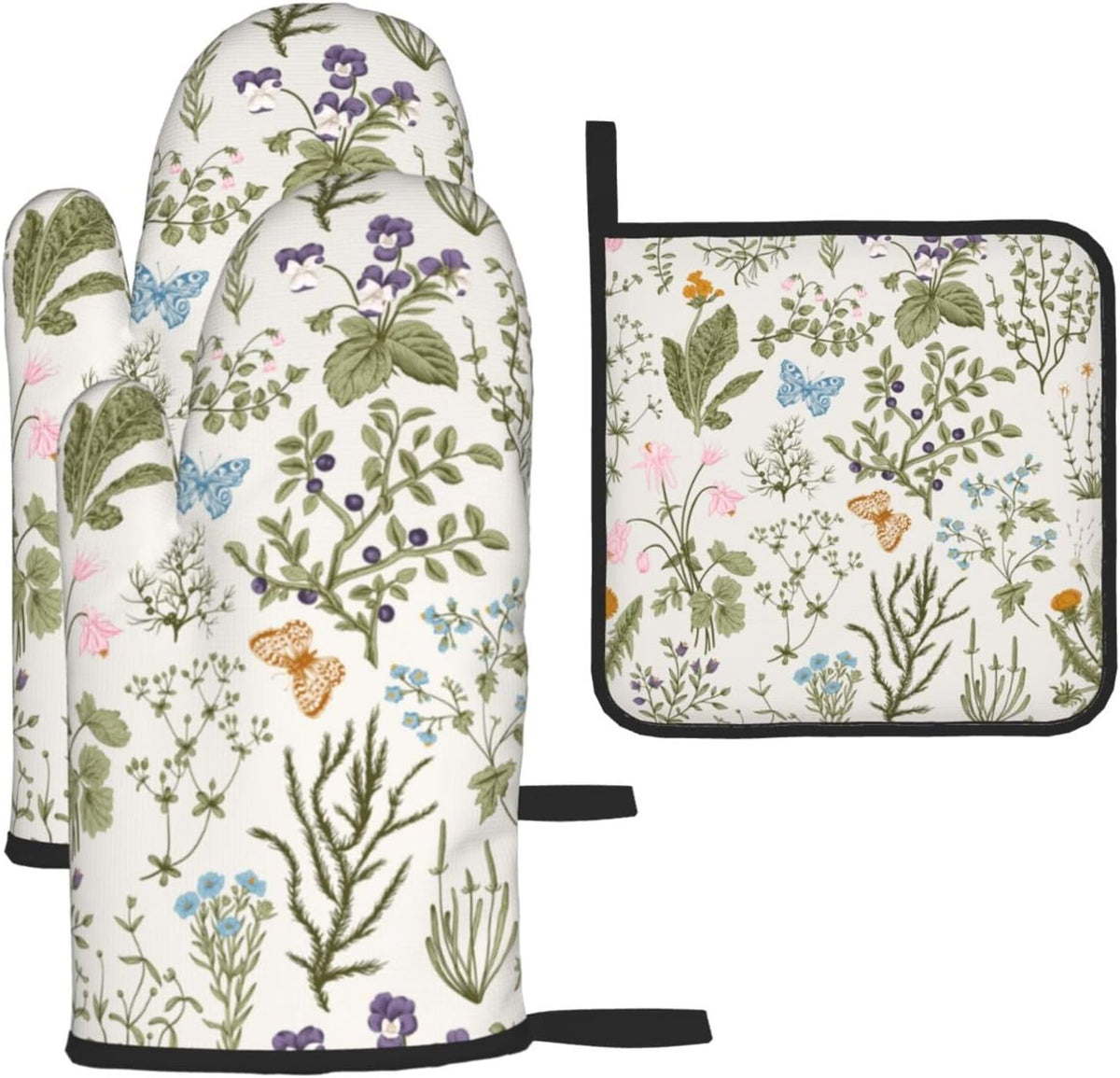 Vintage Floral Oven Mitts and Pot Holders Sets of 3 Cute Botanic Hot Pads Herbs and Wild Flowers Oven Gloves Heat Resistant Washable for Kitchen Cooking Grilling Baking