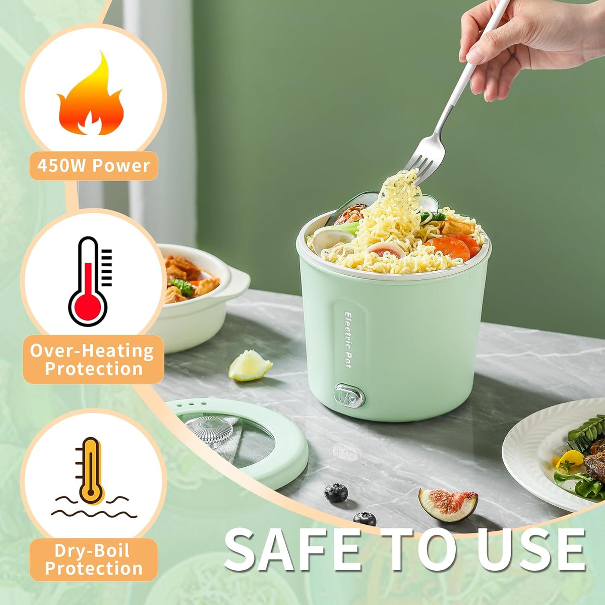 Hot Pot Electric, 1L Mini Ramen Cooker, 450W Rapid Noodles Cooker, Multifunctional Electric Pot for Cooking Pasta, Soup, Portable Pots with Over-Heating Protection for Dorm, Office, Travel