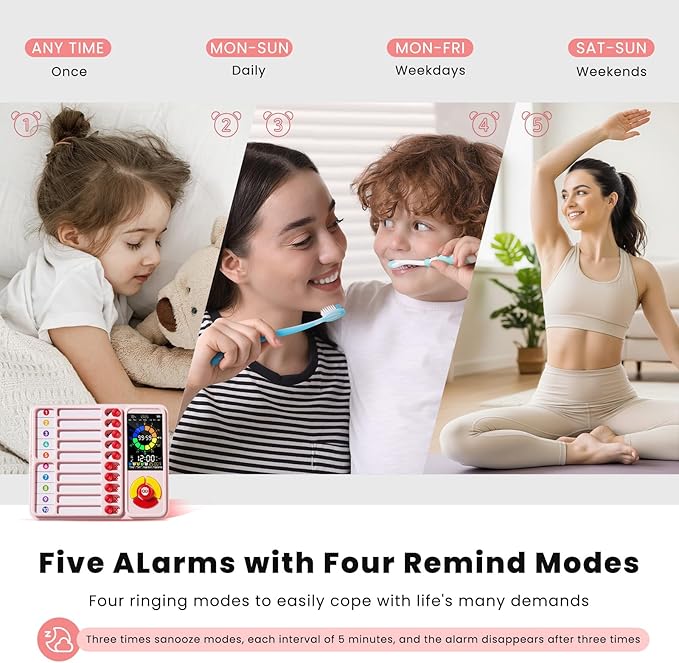 ADHD Tool for Kids, 5-in-1 Visual Timer with Chore Chart Board, Visual Schedule for Kids, 12/24 Task Timer with 99'59'' Countdown/Countup, 5 Alarms, Silent Operation Visual Schedule for Autism - Pink