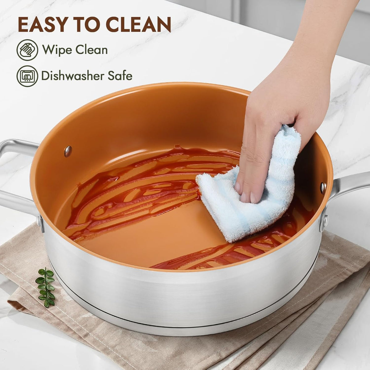Ceramic Saute Pan with Lid, 5.5QT Nonstick Frying Pan without PFAS, PTFE, or PFOA, Stainless Steel Base Deep Skillet for All Cooktops, Oven & Dishwasher Compatible