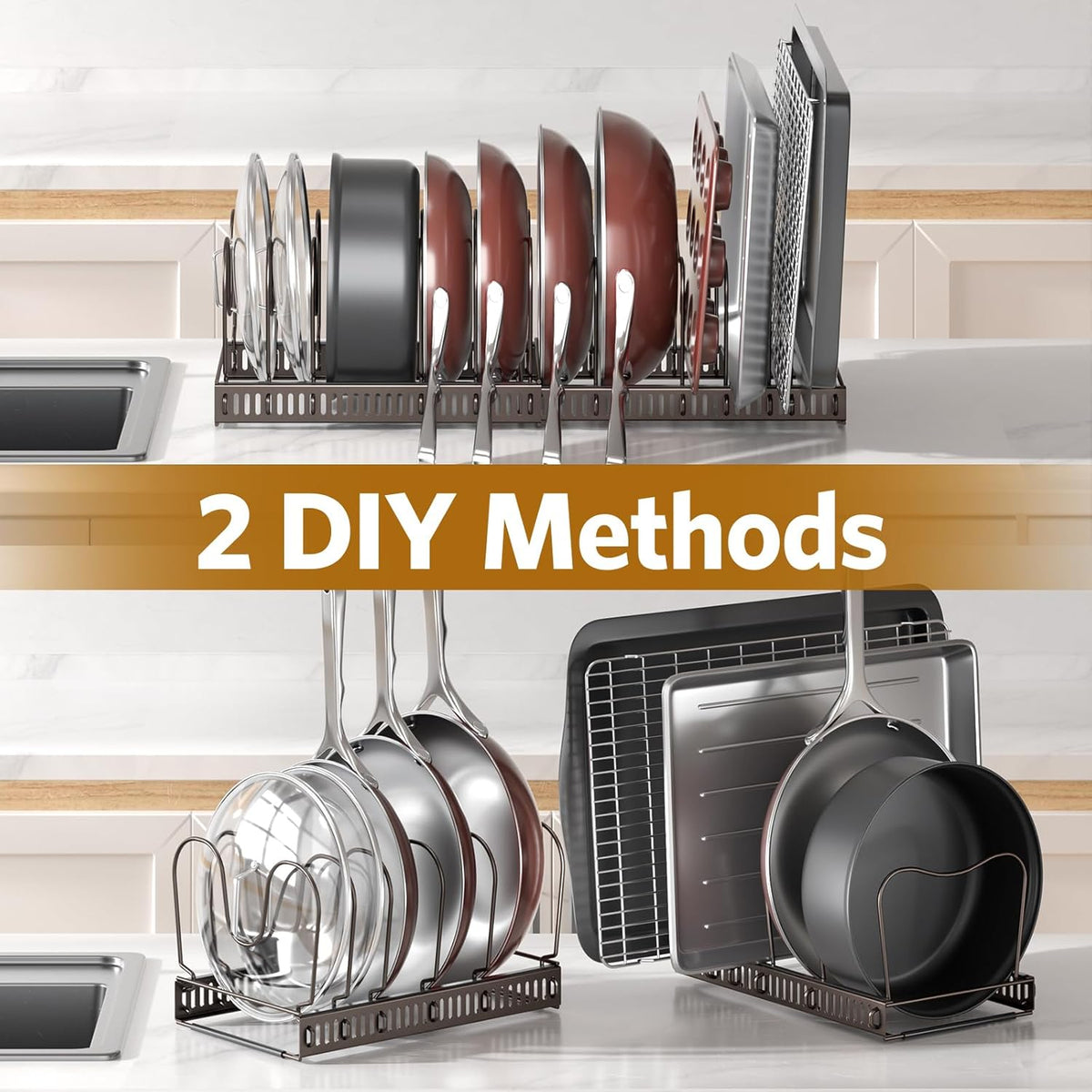 ORDORA Pots and Pans Organizer under Cabinet with Pan Holder: Expandable 11.8"-22.8" Kitchen Cabinet Organizer Rack, 12 Adjustable Dividers Storage for Cookie Sheets, Cutting Boards & Lid, Silver
