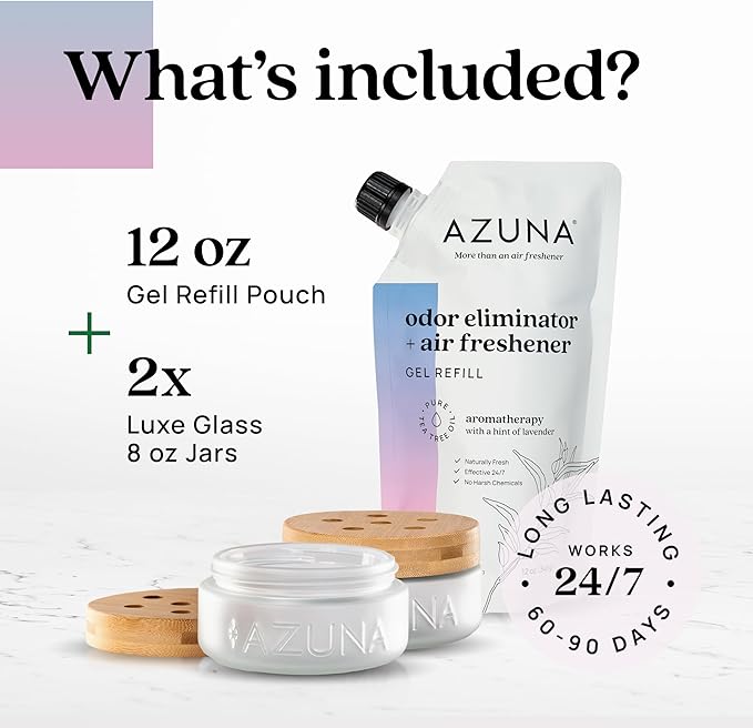 Azuna Air Freshener & Odor Eliminator for Strong Odor | 2 Room Kit Includes (2) 8 oz. Empty Luxe Glass Jars & 12 oz | Refill with Tea Tree Essential Oil Gel | Aromatherapy | Last 60-90 Days