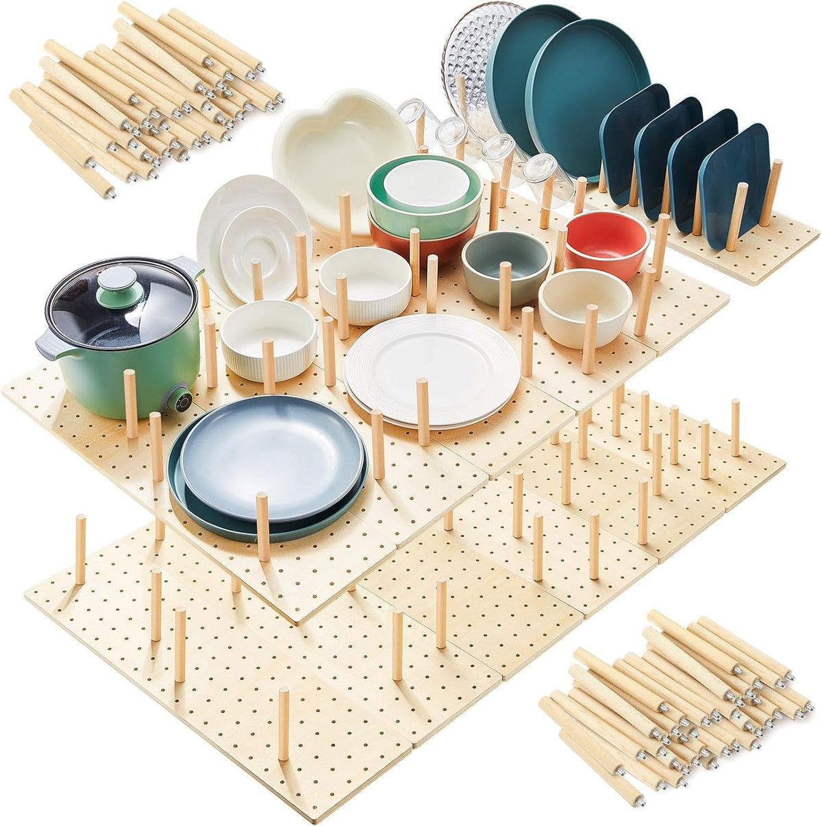 Kigley 12 Pcs Pegboard Drawer Organizer with 96 Drawer Peg Wood Peg Board Wooden Kitchen Plate Organizer for Dishes Food Containers Cookware Utensils(21 Inch,Wood Color)