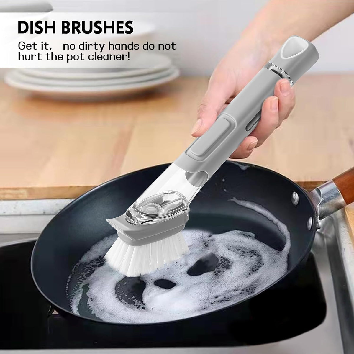 SetSail Dish Brush, Dish Cleaning Brush with Stainless Steel Handle and Replace Head Kitchen Dish Scrub Brush with Soap Dispenser for Pot Sink Pan Cleaning, Grey