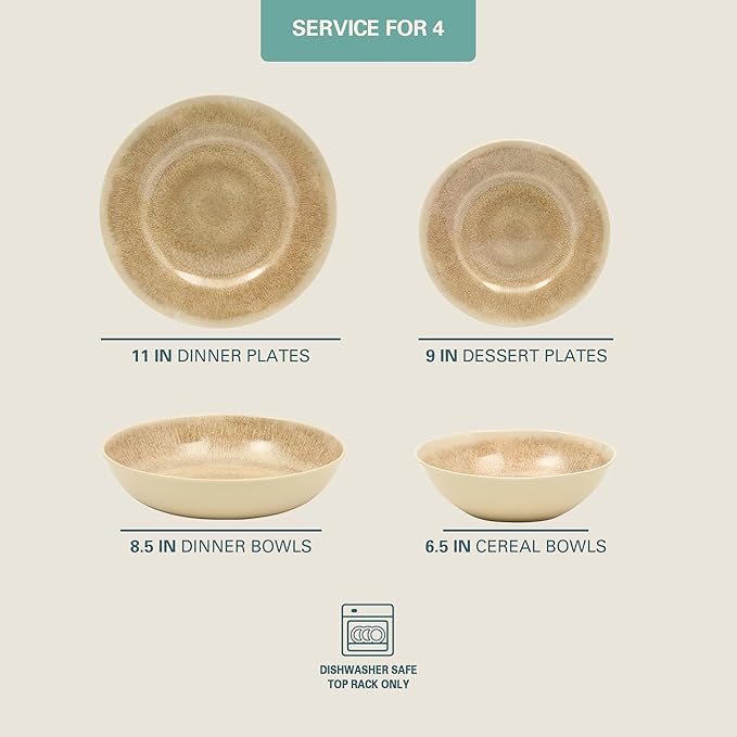 Gibson Home Casper Court 16-Piece Melamine Dinnerware Set – Beige Reactive Glaze Look Plates and Bowls, Service for 4 – Top Rack Dishwasher Safe Everyday Dining Set