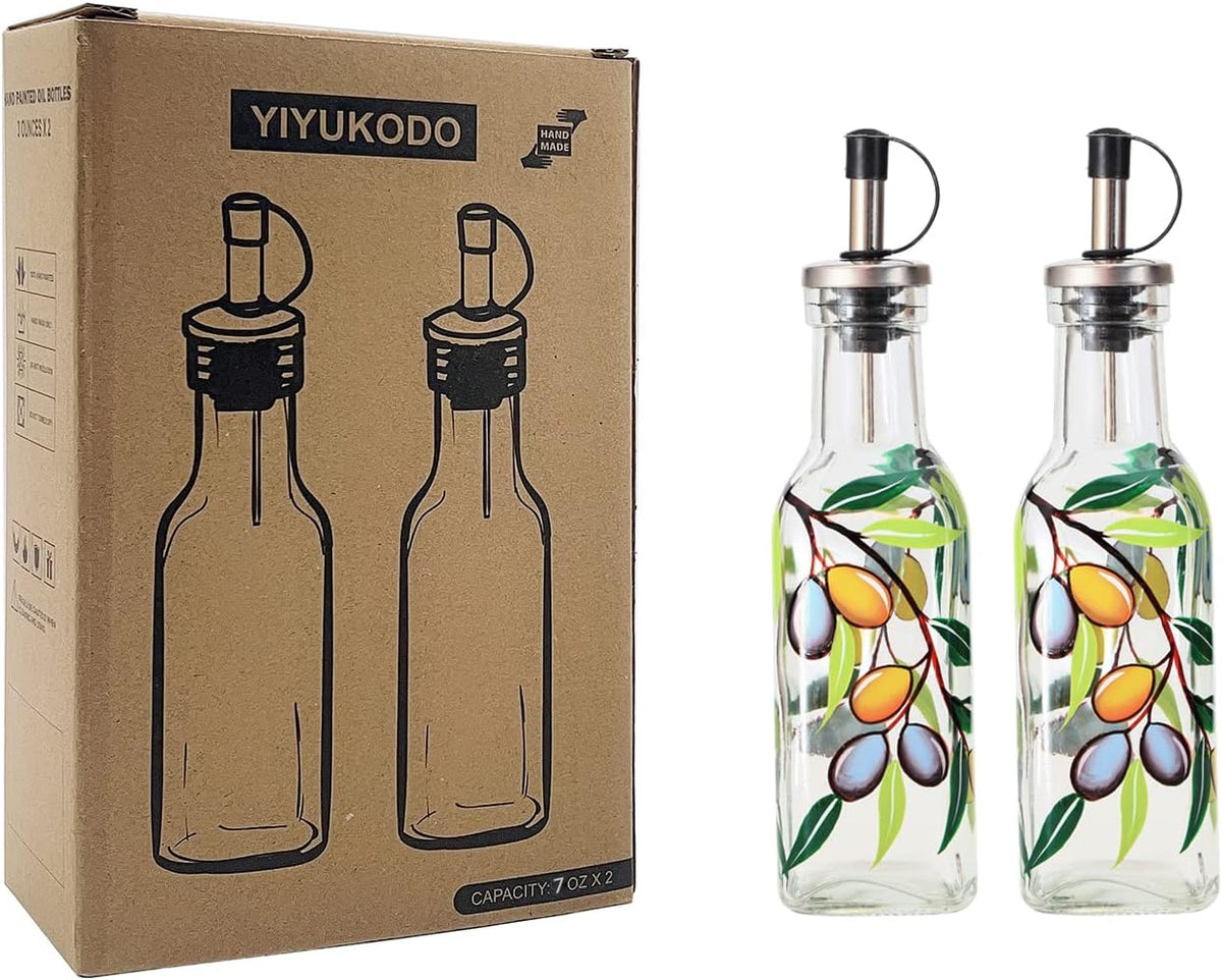 7oz Hand Painted Glass Olive Oil Bottle Dispenser - 200ml Green Oil & Vinegar Cruet with Pourers - Olive Oil Carafe Decanter for Kitchen