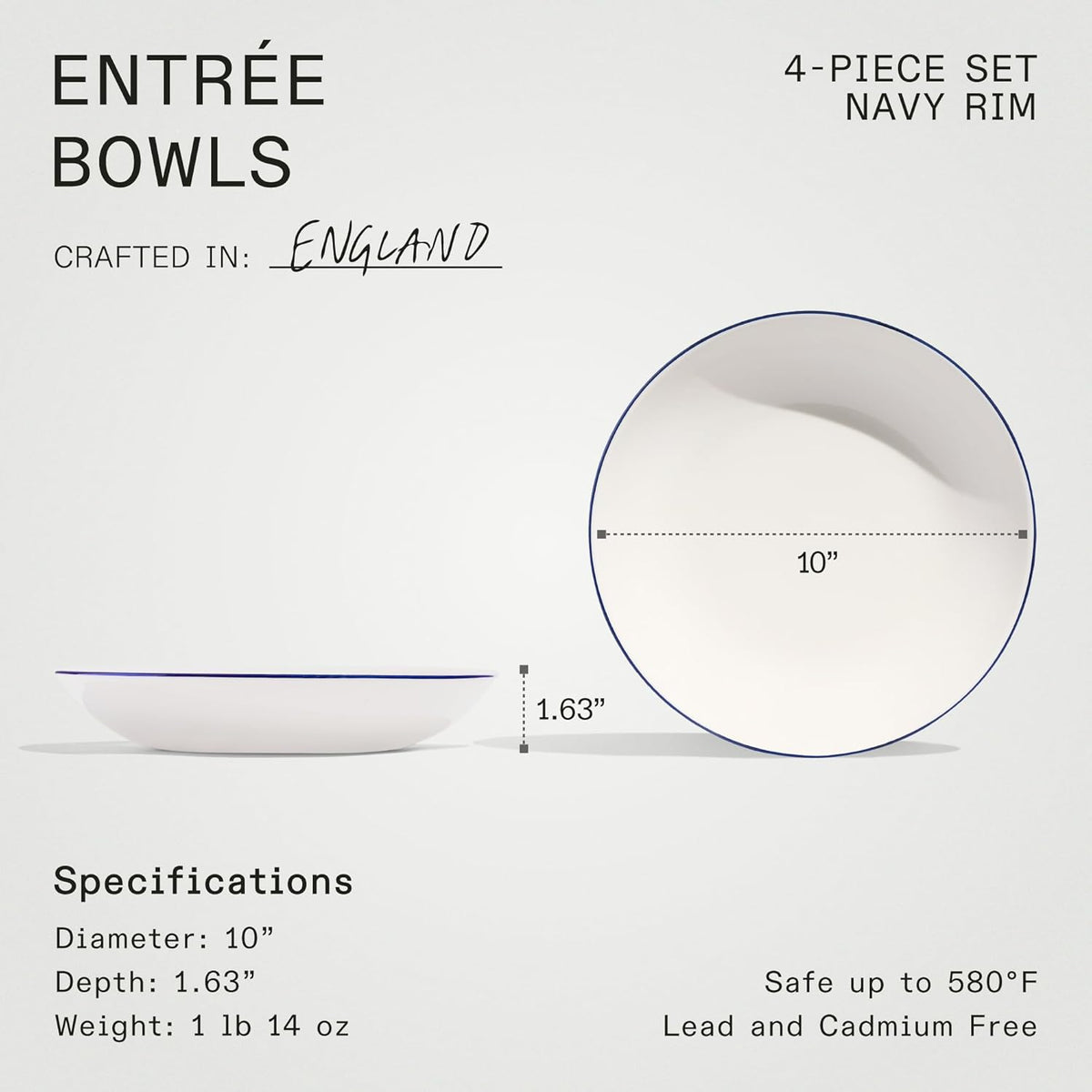 Made In Cookware - Set of 4 - Entrée Bowls - White With Navy Rim - Porcelain - Crafted in England