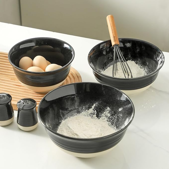 Hasense Large Ceramic Mixing Bowls, 2.1/1.5/1.0 Qt Salad Bowls for Kitchen, Versatile Serving Bowls for Cooking, Baking, Salad Mixing, Prepping, Nesting Black Bowl Set of 3, Dishwasher Microwave Safe