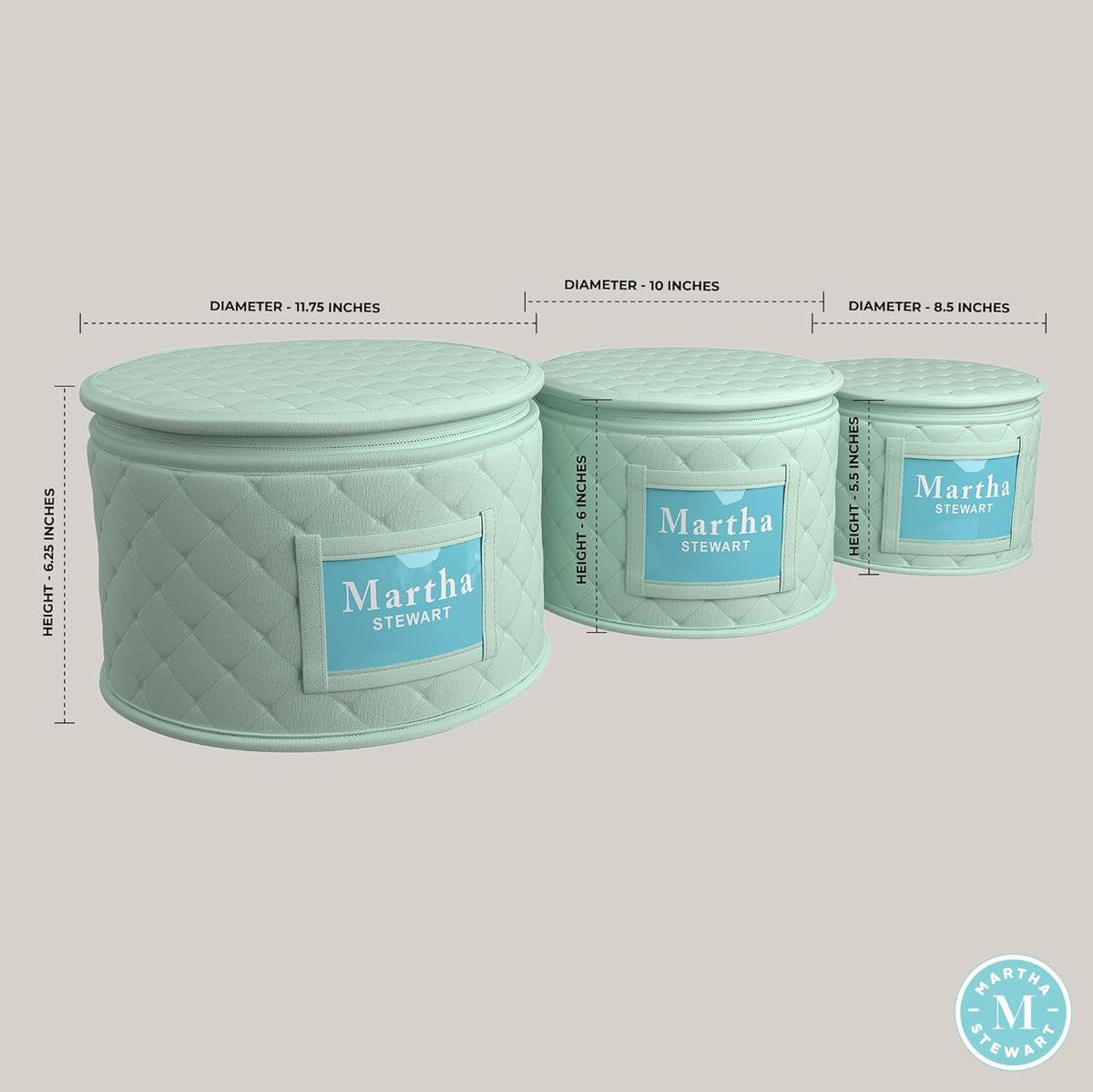 Martha Stewart Dinnerware Stemware Glassware Stackable Organizer Home Storage Container Case, 3 Piece Dinnerware Set Organizer For Dessert, Salad and Dinner Plates With Felt Dividers, Mint