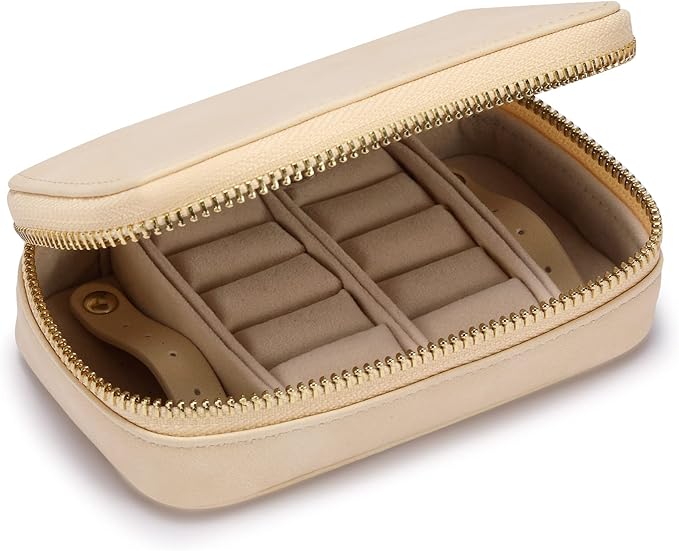 HISCOW Vegan Leather Travel Jewelry Case with Zipper - Portable Necklace & Earring Holder Organizer for Women Girls, Velvet-Lined Ring Box with Anti-Tarnish Design, Cream