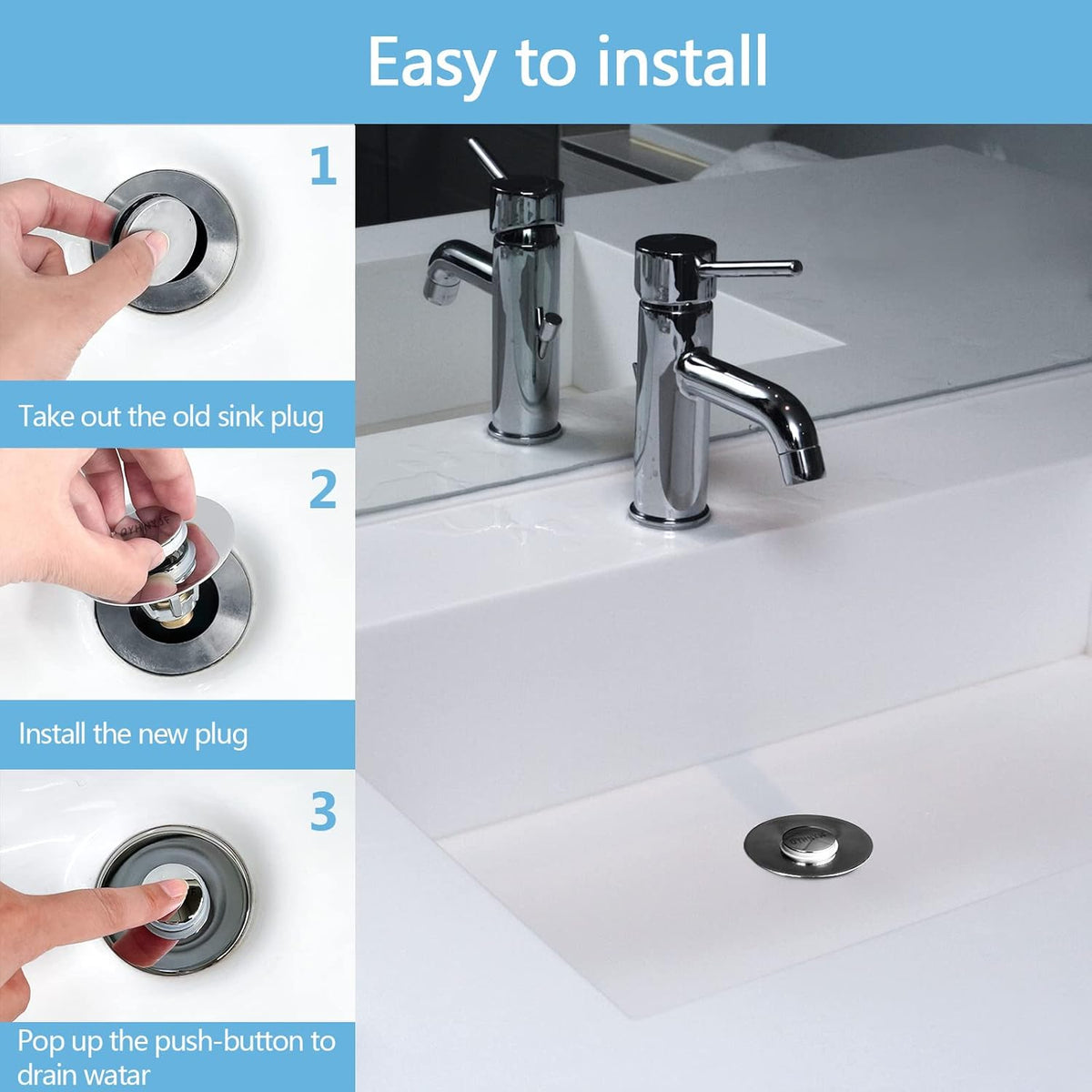 Bathroom Sink Stopper with Hair Catcher – Universal Pop-Up Drain Strainer for 1.1–1.5 inch US Standard Sink Drain Holes, Anti-Clog Basin Stopper, Silver