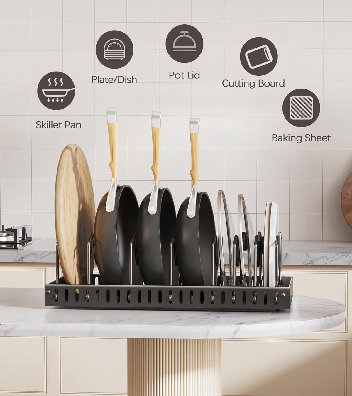Pull Out Pots and Pans Organizer Under Cabinet, Sliding Lid Holder and Pan Rack in Kitchen, Slide Out inside Cabinet Storage for Pot Lid, Bakeware, Dishes, 8 Adjustable Dividers, 1 Pack Black